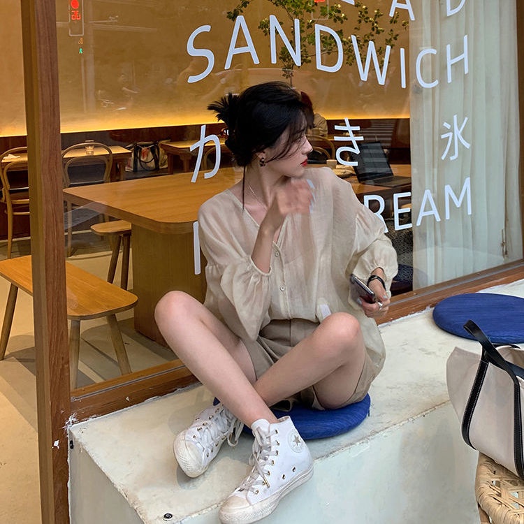 Áo Sơ Mi chiffon Mỏng Tay Phồng Cổ V Thời Trang Hàn Quốc Dành Cho Nữ