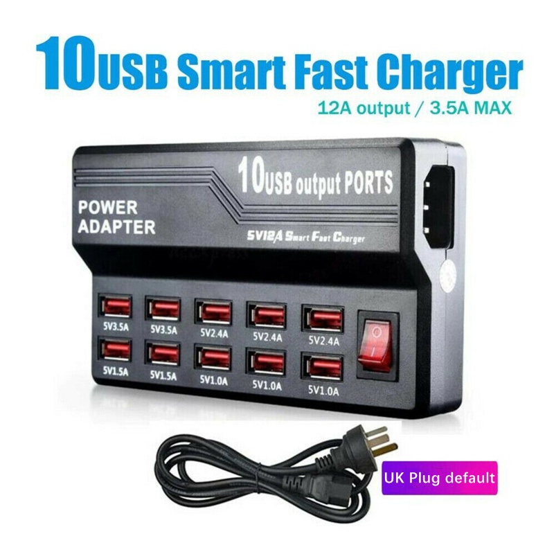 12A 10 Port Desktop USB Rapid Charger Station Wall HUB Charging Power Cable with Plug