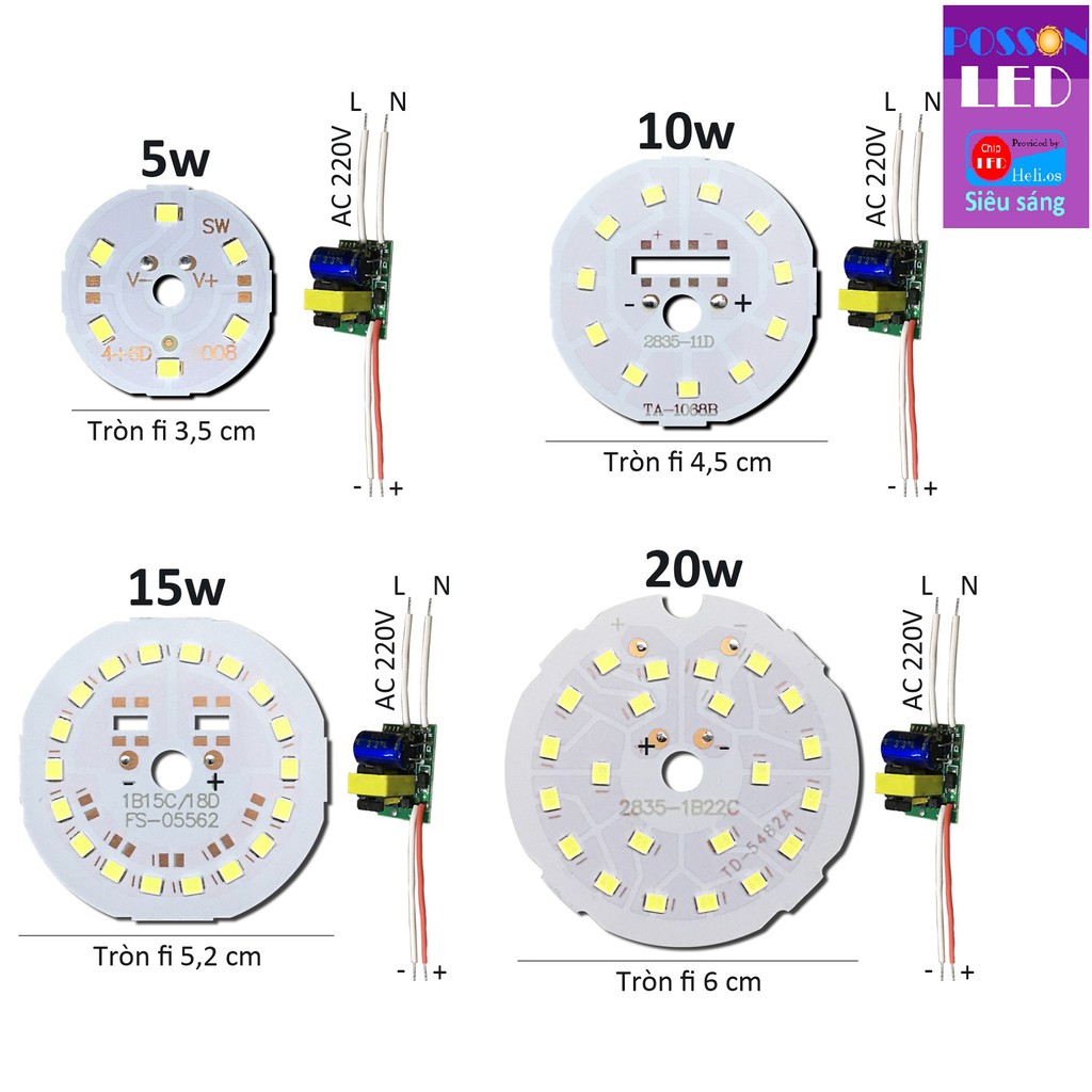 Bảng bo vỉ mạch Led 5w 10w 15w 20w chip Led 2835 mắt Led siêu sáng +nguồn driver AC220V MLB-5-20x