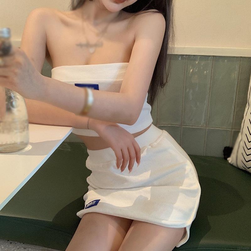 Bộ Áo Croptop Dáng Ôm + Chân Váy Ngắn Quyến Rũ Phong Cách Hàn Quốc