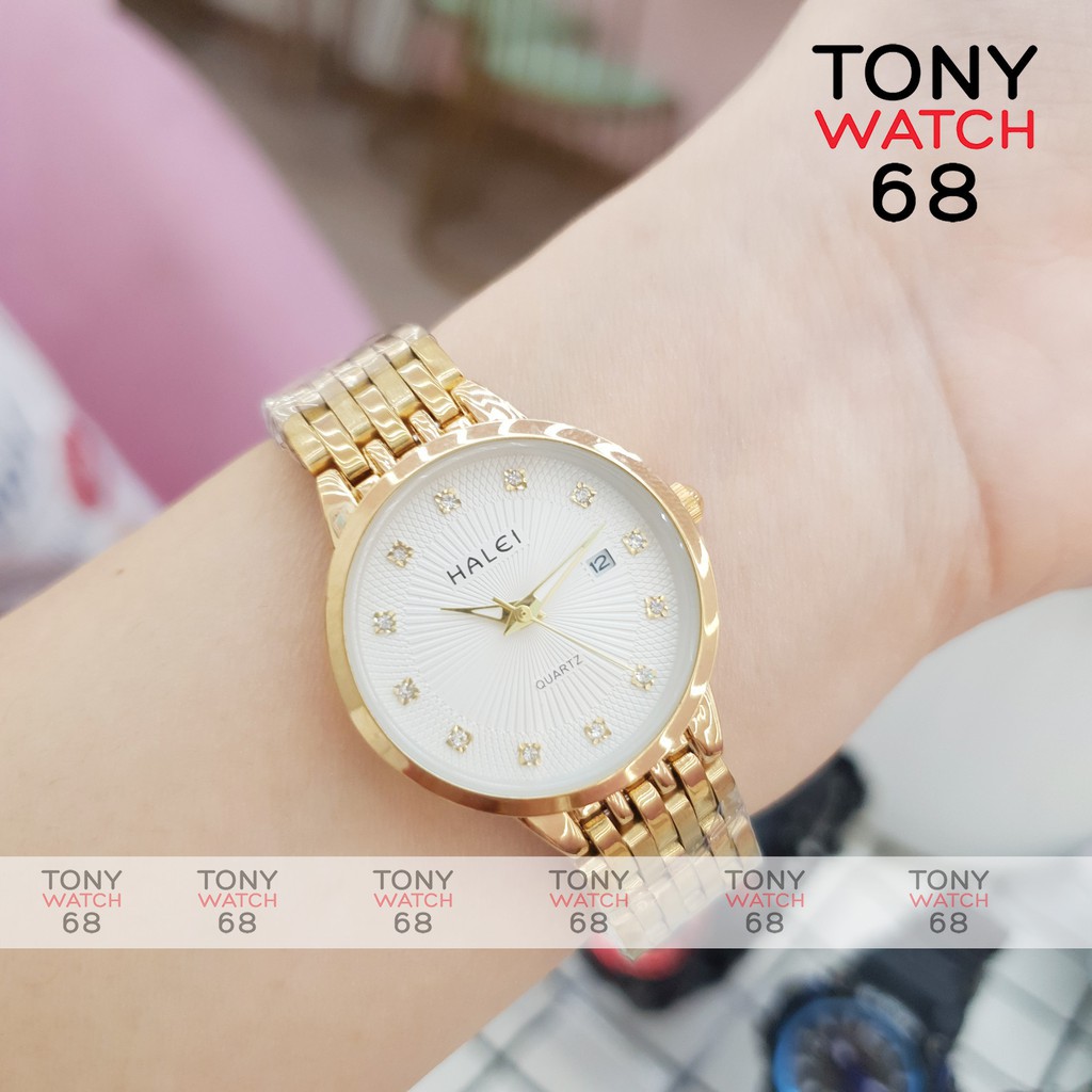 Đồng hồ nữ Halei dây kim loại mạ vàng mặt số ngọc có lịch chống nước chính hãng Tony Watch 68