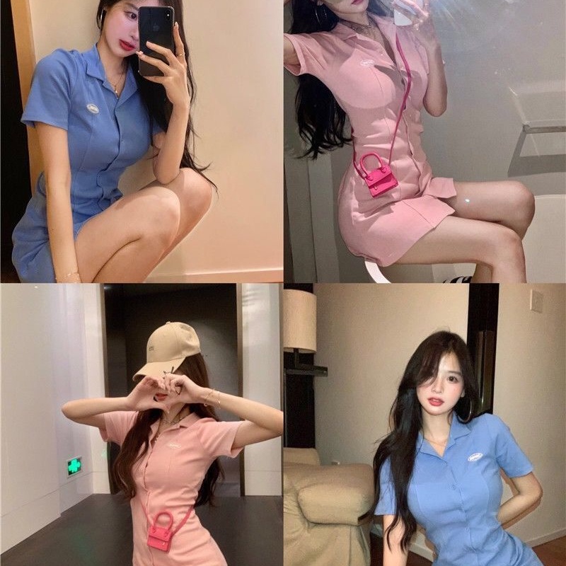 COZOK Đầm Cổ polo Ôm Eo Phong Cách Hàn Quốc