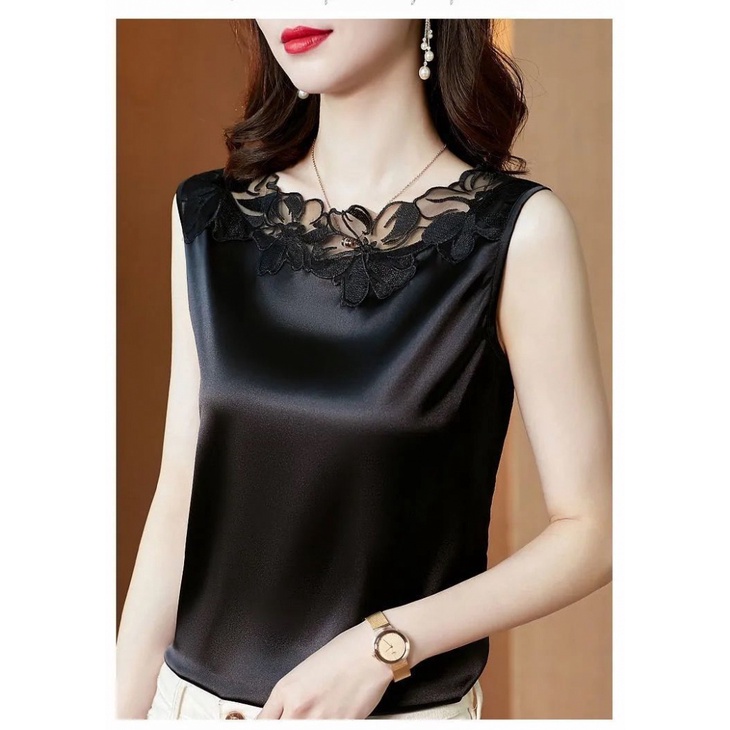 Áo Lụa Satin Sát Nách Phối Ren Size Lớn Thời Trang Mùa Hè Dành Cho Nữ