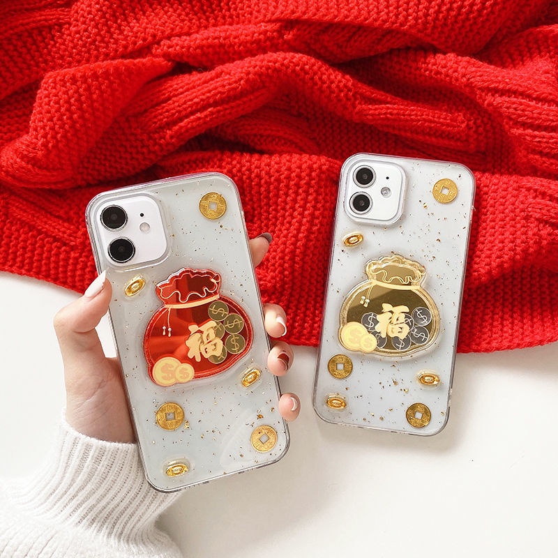 Ốp điện thoại trong suốt họa tiết túi may mắn năm mới 2022 thích hợp cho iPhone12 11Pro Max 7/ 8Plus XsMAX 12mini XR