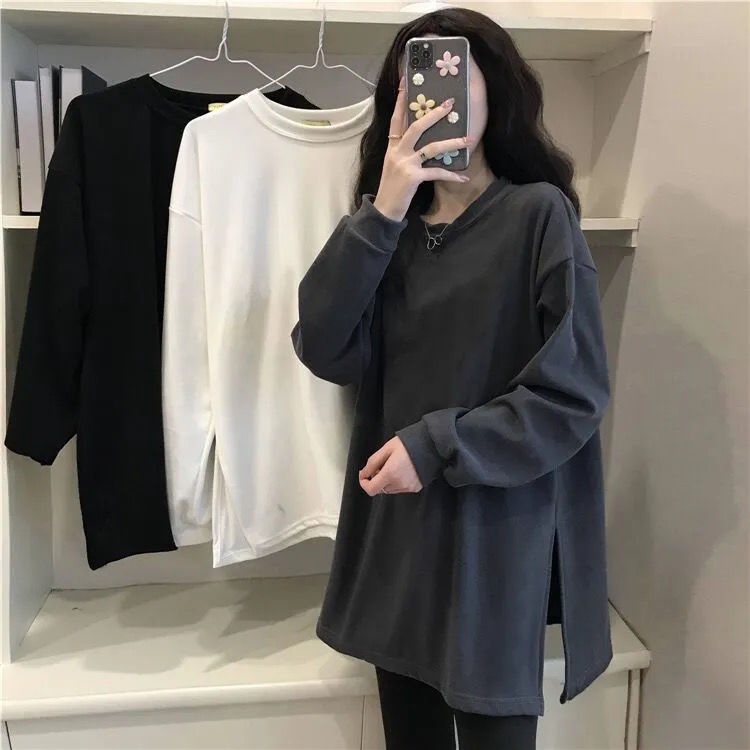 Áo Thun COZOK Tay Dài Cổ Tròn Xẻ Tà Thời Trang Dễ Phối Đồ Cho Nữ