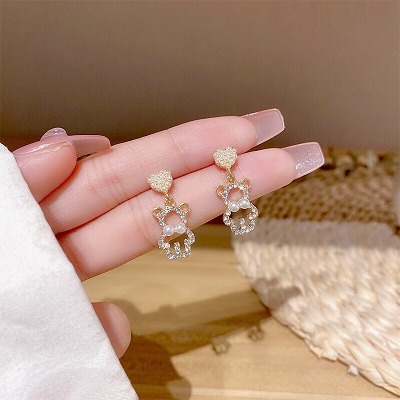 1 Đôi Bông Tai Hình Gấu Đính Đá Ngọc Trai Nhân Tạo Dễ Thương Dành Cho Nữ