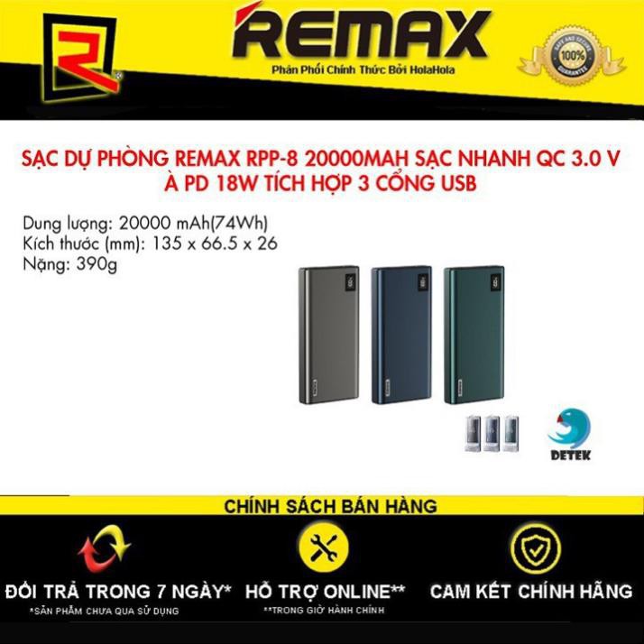 Sạc dự phòng Remax RPP-8 20000mAh chính hãng Sạc nhanh QC 3.0 và đảo chiều PD 18W tích hợp 3 cổng USB