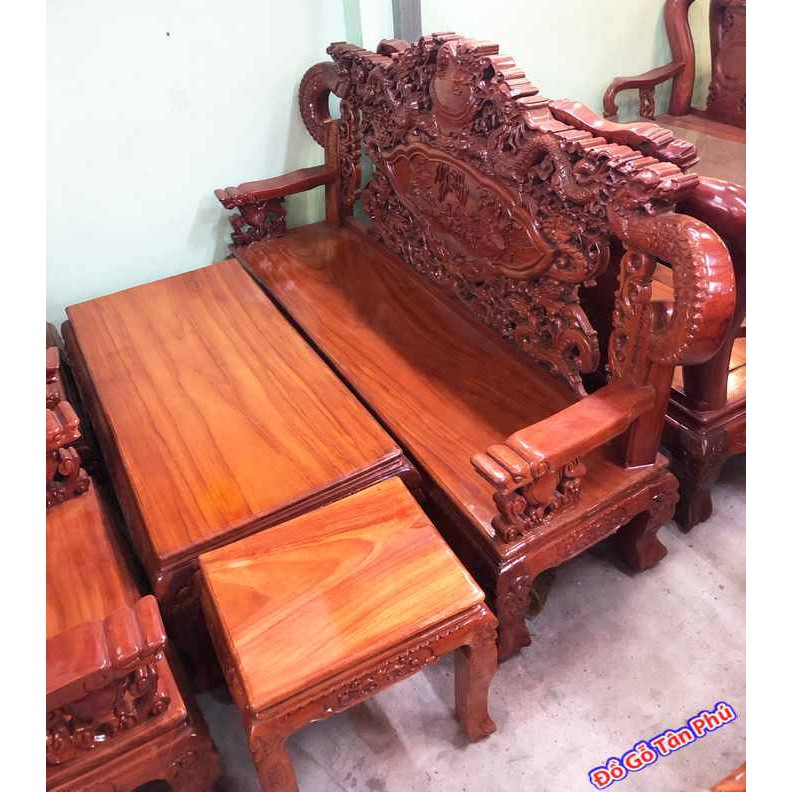 Bộ bàn ghế sa lông gỗ giá rẻ gỗ gõ đỏ Lào chạm rồng tay khuỳnh SA015