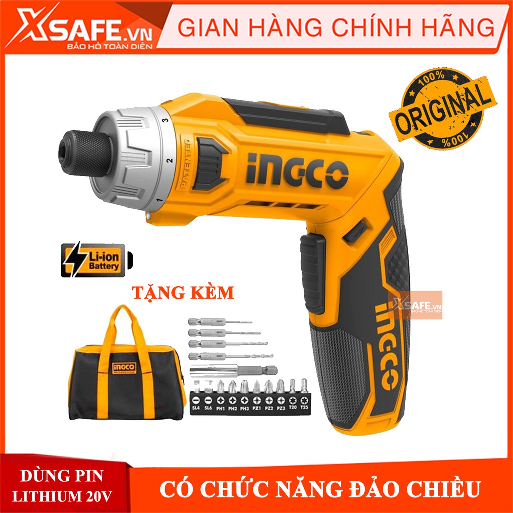 Máy siết bulong INGCO CSDLI0801 dùng pin 8V kèm 10 mũi siết vít 25mm, 1 mũi từ, 1 cục sạc 2 giờ. Máy bắn bulong cầm tay