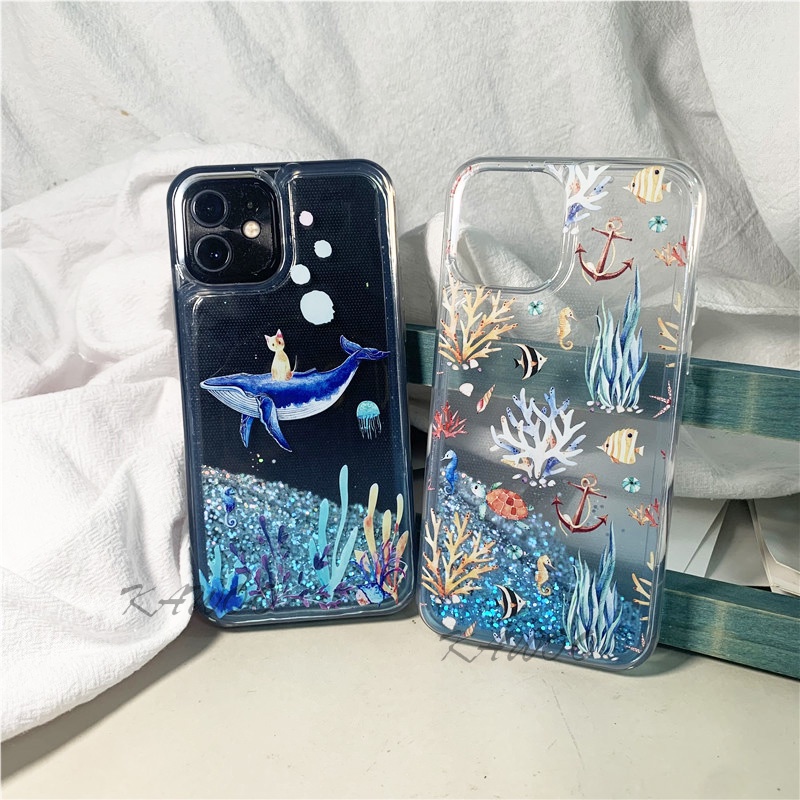 Ốp Điện Thoại TPU Mềm Họa Tiết Cá Voi / Mèo Phối Cát Lún Lấp Lánh Cho iPhone 12 13 Pro Max 11 X XR XS 8 Plus SE 2020 6 6S