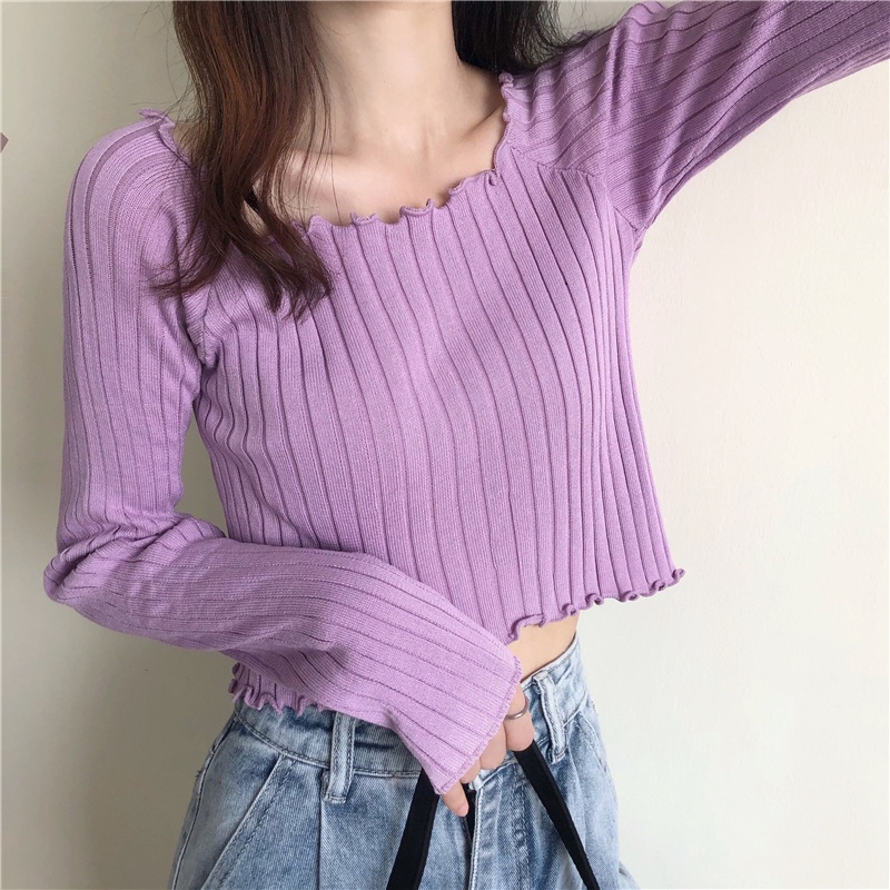 Áo Croptop Sweater Dài Tay Với Thiết Kế Hở Eo Xinh Xắn Dành Cho Nữ 9308