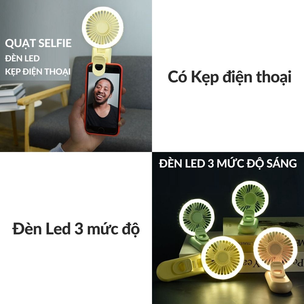 Quạt cầm tay mini ❤️Kẹp điện thoại và đèn Led❤️ Pin sạc tích điện 17004.17020 | BigBuy360 - bigbuy360.vn