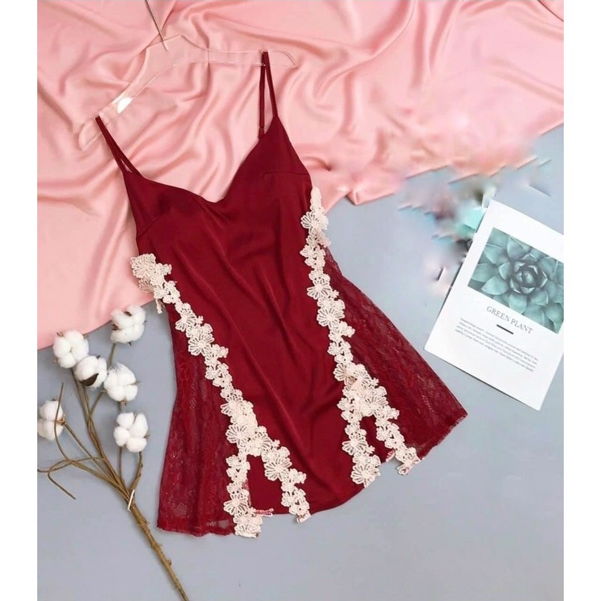 Đồ ngủ sexy / Đầm ngủ 2 dây xẻ đùi phối ren eo, chất liệu satin cao cấp loại 1, kèm quần đùi cute, freesize dưới 65kg Se | BigBuy360 - bigbuy360.vn