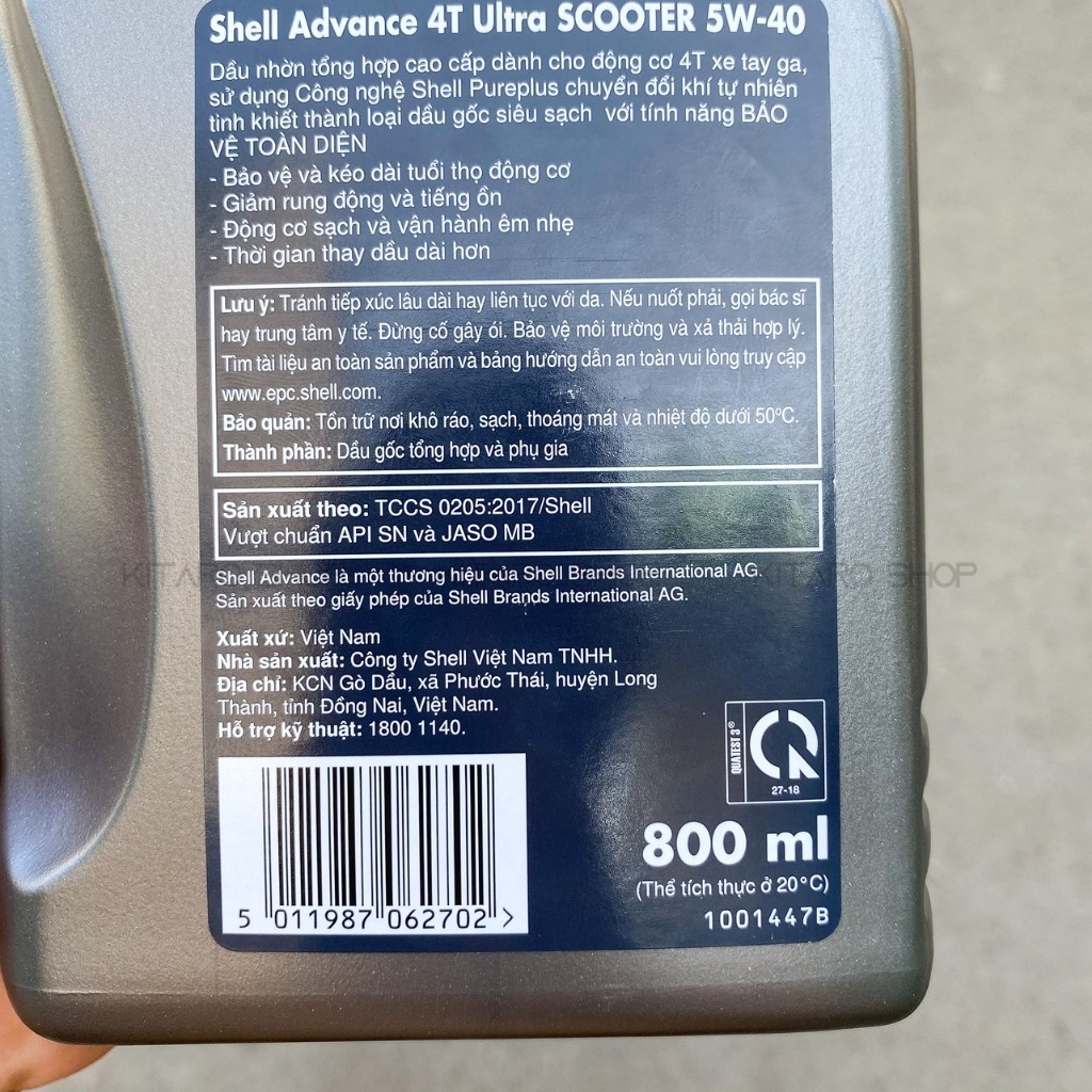 Nhớt Tay Ga Tổng Hợp 100% Shell Advance Ultra Scooter 5W40 800ml 1 Lít