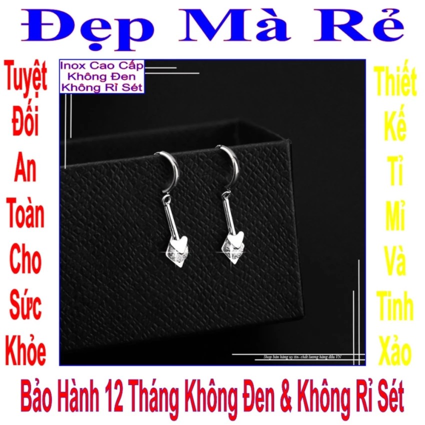 Bông tai nữ đẹp giá rẻ kiểu tòn ten trái tim và hình thoi đính đá Zircon - Cam kết 1 đổi 1 nếu hoen, gỉ sét