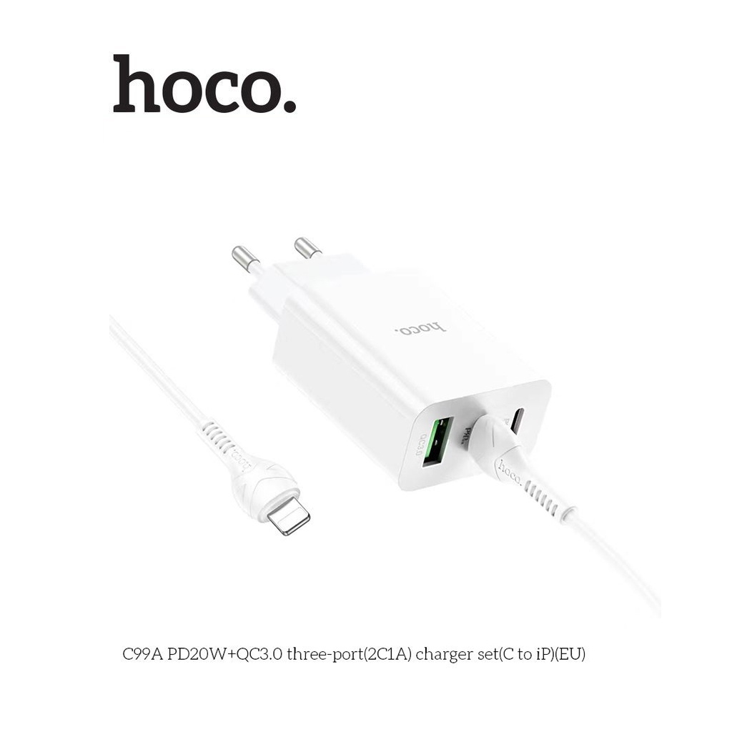 Bộ sạc nhanh Hoco C99A 3 cổng Type-C 20W + Type-C 18W + USB Q.C3.0 kèm cáp sạc Type-C dành cho IP10/11/12/13/14 dài1m