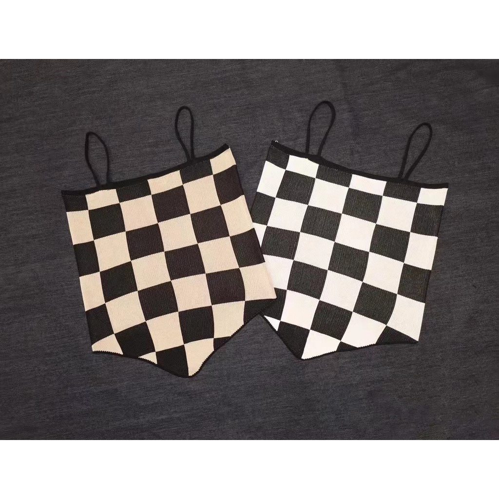 DUNEA Áo Hai Dây Dệt Kim Kẻ Caro Quyến Rũ Thời Trang Cho Nữ