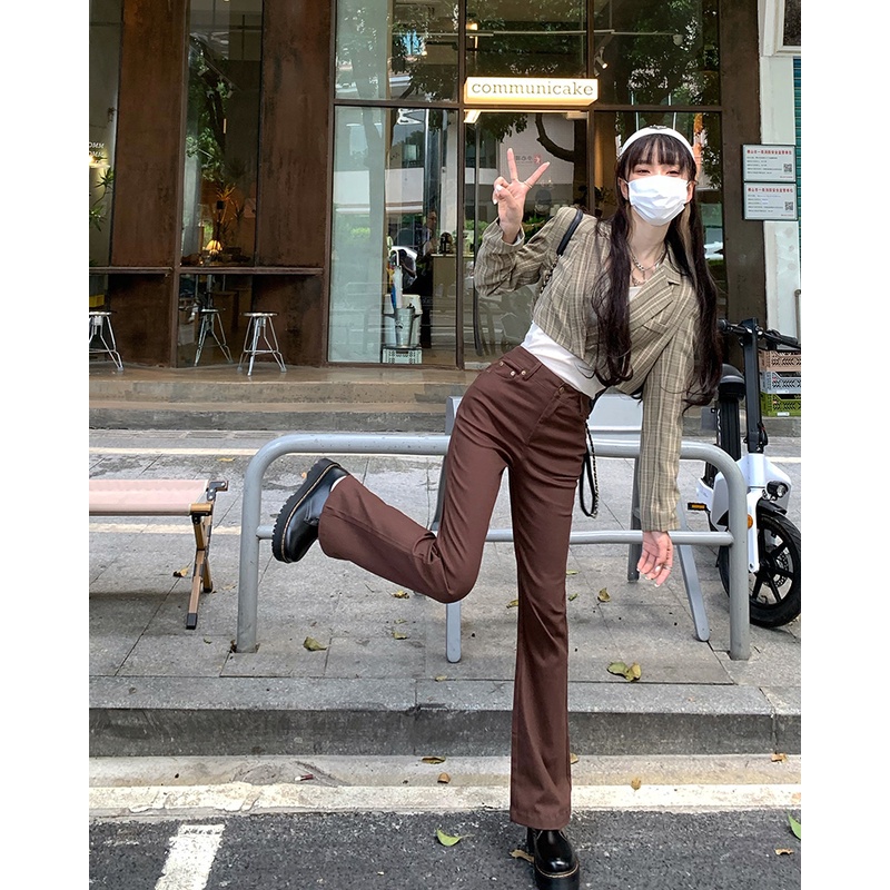 SUXI Quần jean nâu ống loe ôm dáng dễ phối đồ