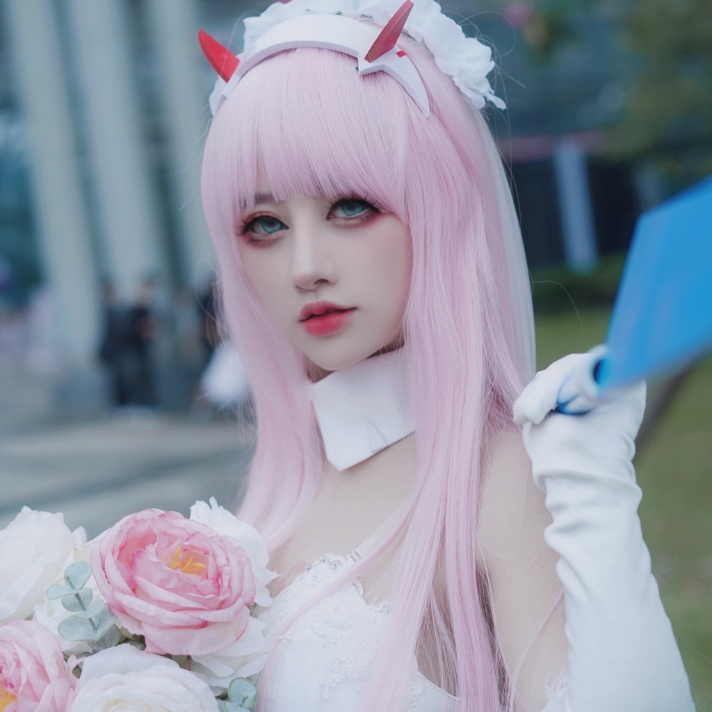 Wig/tóc giả cosplay Zero Two 02 002 darling in the franxx màu hồng nhạt 100cm