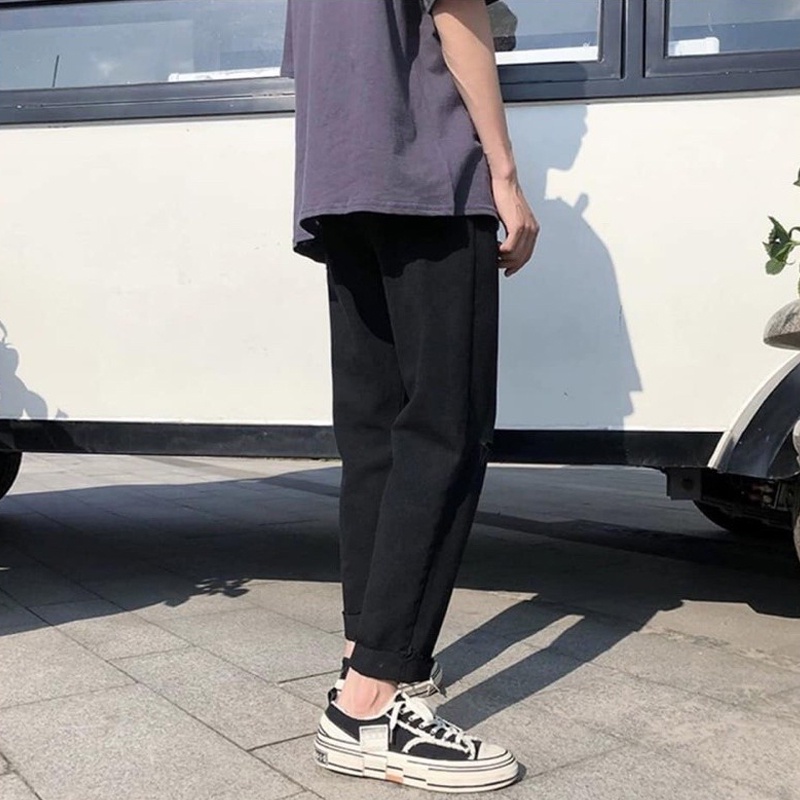 Quần Baggy Nam Jeans Xanh Rách Gối Ống Rộng Suông Dáng Đứng Kiểu Dáng Hàn Quốc Phong Cách Cạp Cao Thanh Lịch