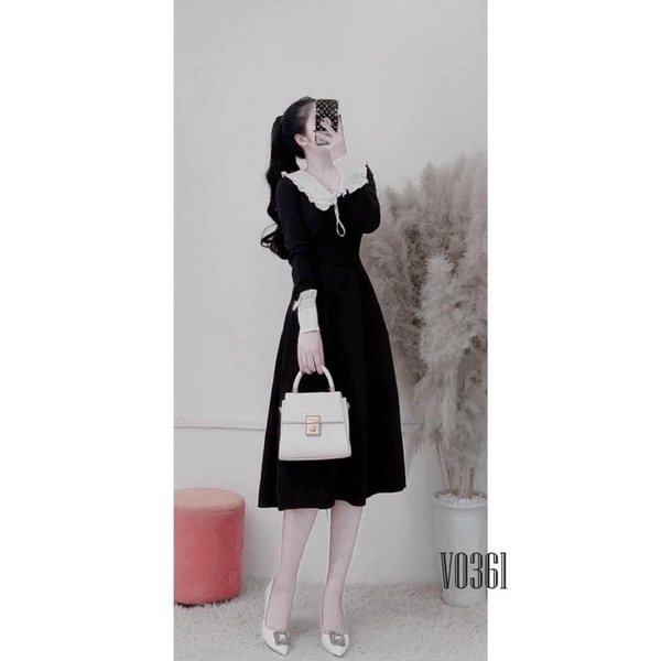 Đầm tiểu thư bánh bèo umi tay bèo dài tay xoè đính nơ cổ