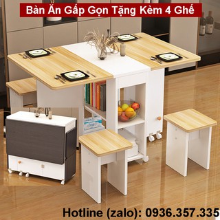 Bộ bàn ăn gấp gọn kèm 4 ghế nhỏ gọn hiện đại - bàn ăn thông minh cao cấp tiết kiệm không gian