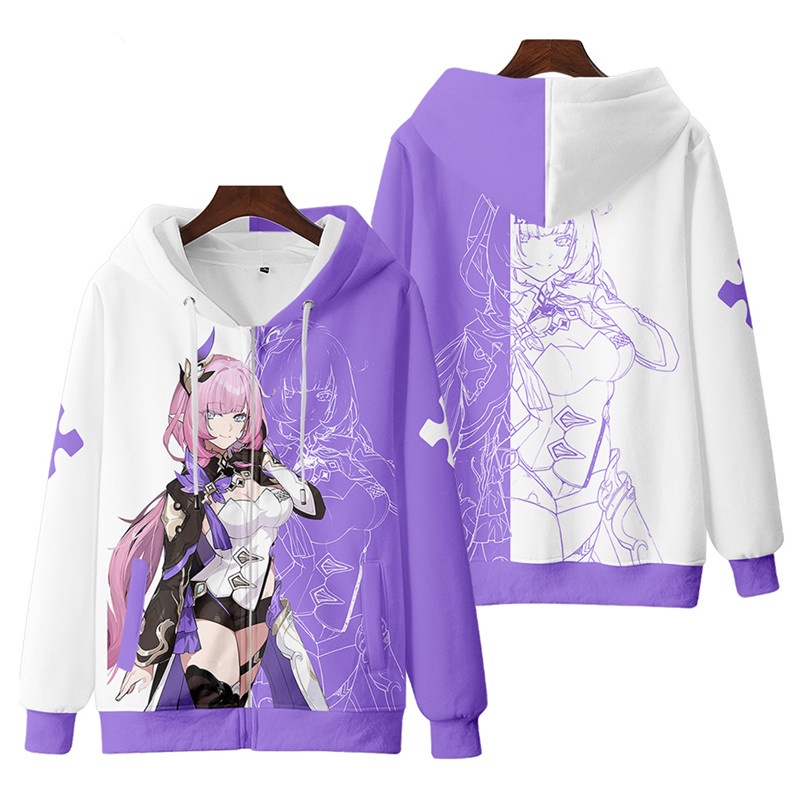 Áo Khoác Hoodie Tay Dài Dáng Rộng Có Khóa Kéo In Hình Honkai Impact 3 Elysia / Bronya Zaychik / Raiden Mei 3D Thời Trang Unisex 2022
