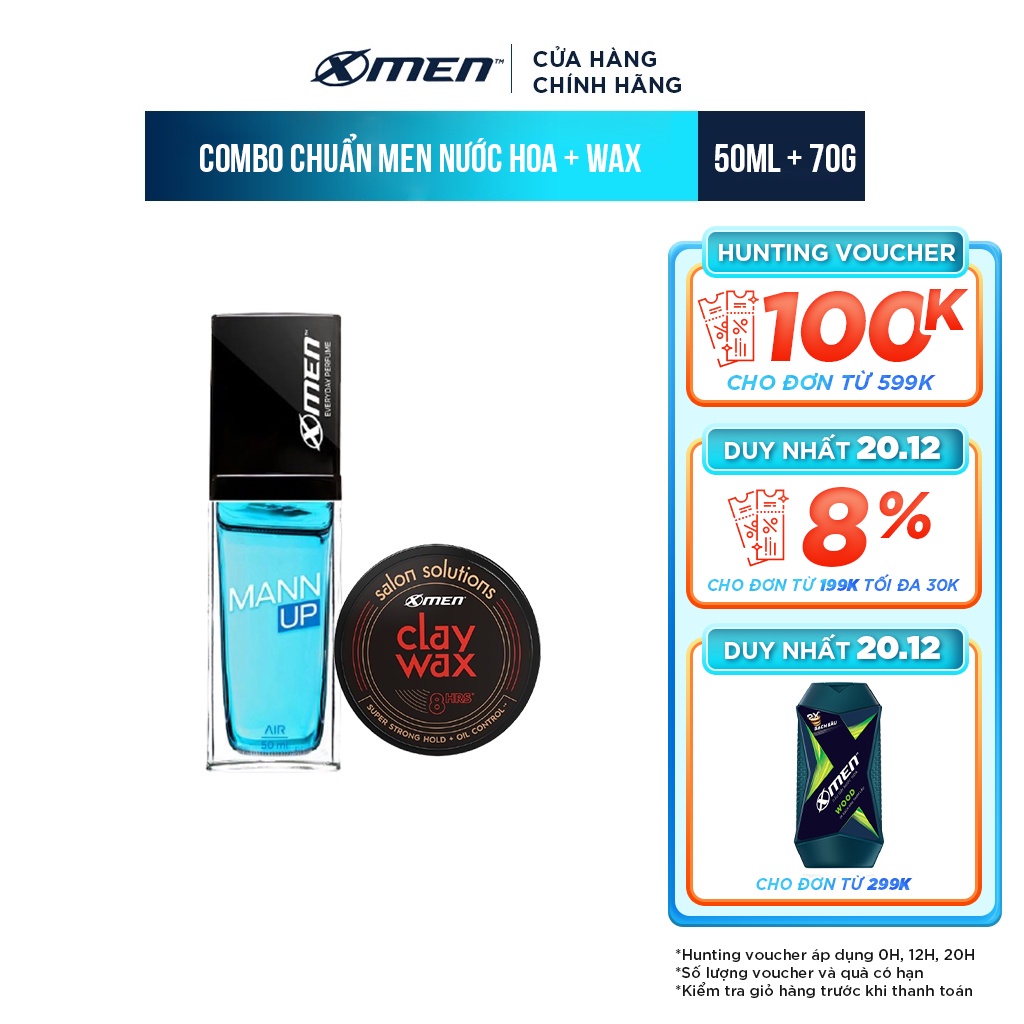 Combo Nước hoa Xmen Mann up Air 50ml + Wax Vuốt tóc Xmen Salon Solution Clay Wax 70g