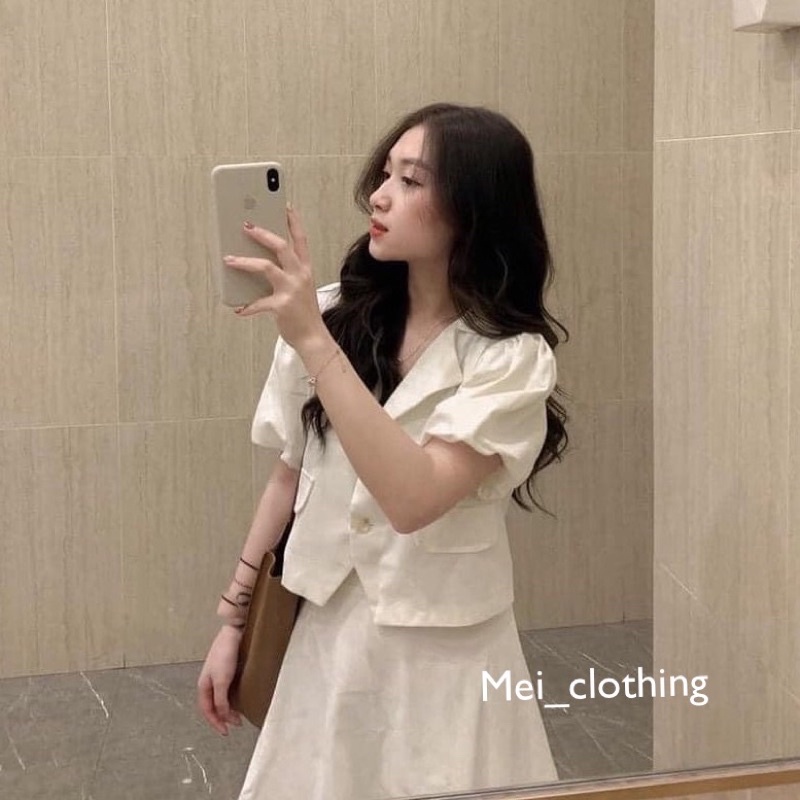 [Hàng QC/sẵn] Set váy công sở thiết kế thanh lịch/ Áo croptop tay bồng kèm chân váy