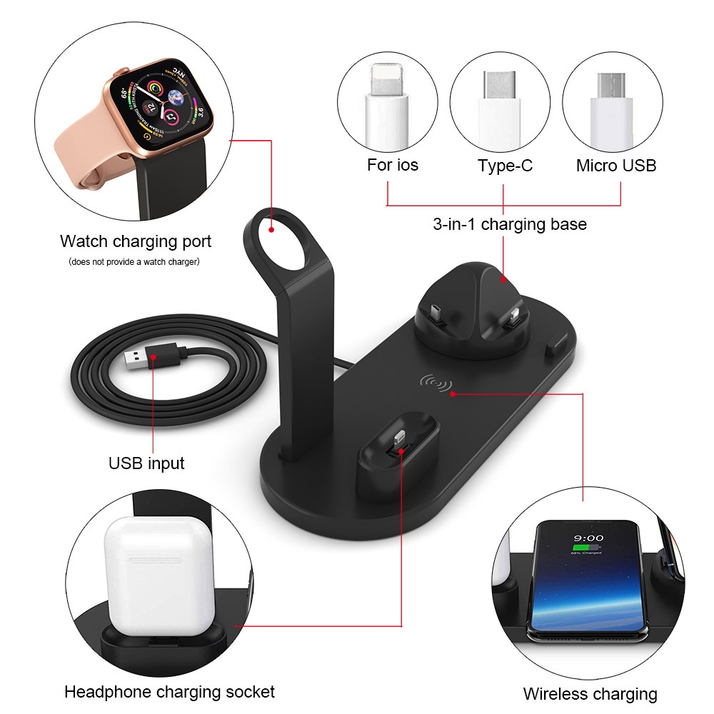 Đế sạc không dây 15W Qi hỗ trợ sạc nhanh cho iPhone 11 XR Samsung S10 S9 Apple Watch Airpods