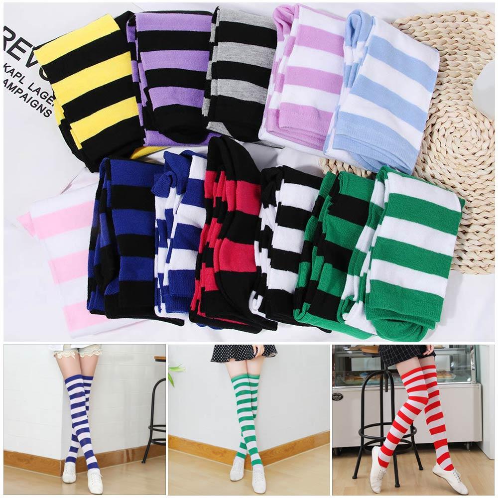 Vớ Cotton Dệt Kim Cổ Cao Qua Đầu Gối Kẻ Sọc 12 Màu Ấm Áp Thời Trang Cho Nữ