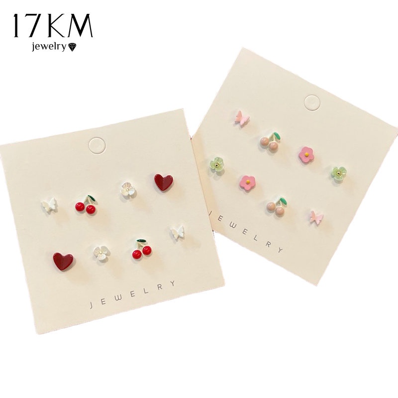 Set bông tai 17KM họa tiết hoa bướm hoạt hình bằng nhựa đơn giản phong cách Hàn Quốc cho phụ nữ