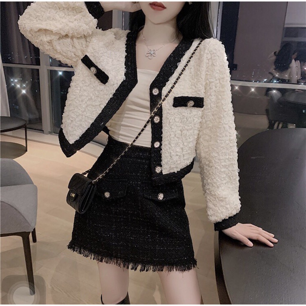 Set váy dạ tweed kèm áo khoác tiểu thư xinh xắn