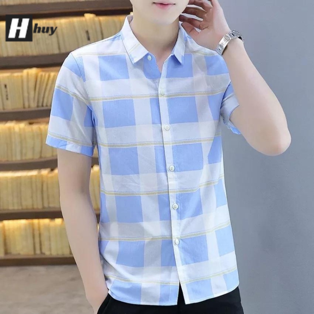 Áo Sơ Mi Nam Ngắn Tay Phối Họa Tiết Caro Ô Vuông TP Hàn Quốc - 2 Màu