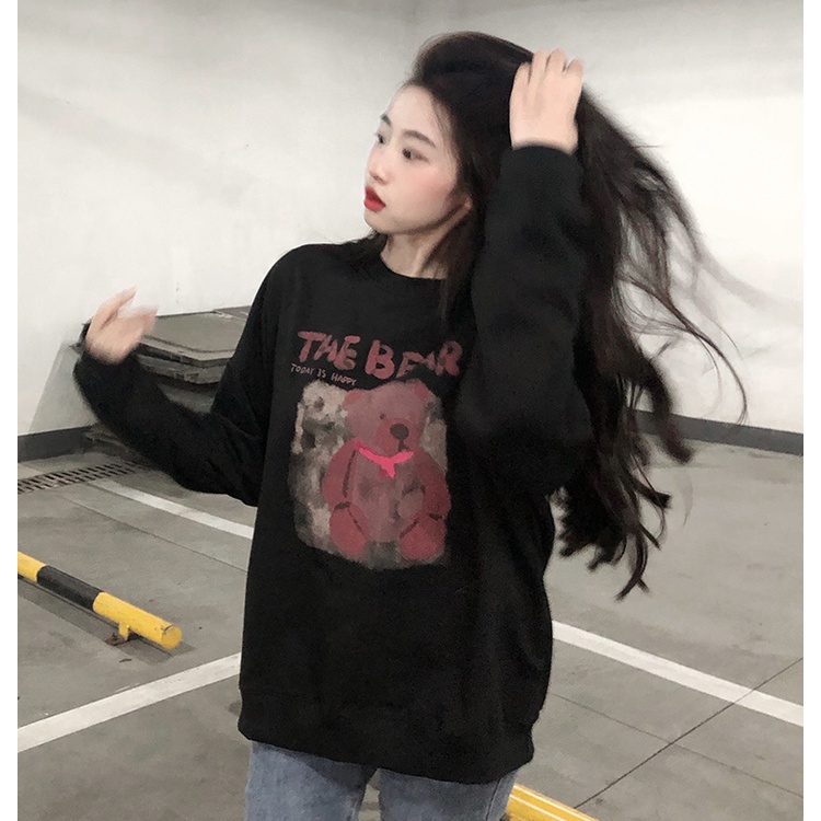 【ZHELIHANGFEI】Áo Thun Sweater Tay Dài Dáng Rộng In Hình Gấu Dễ Phối Đồ