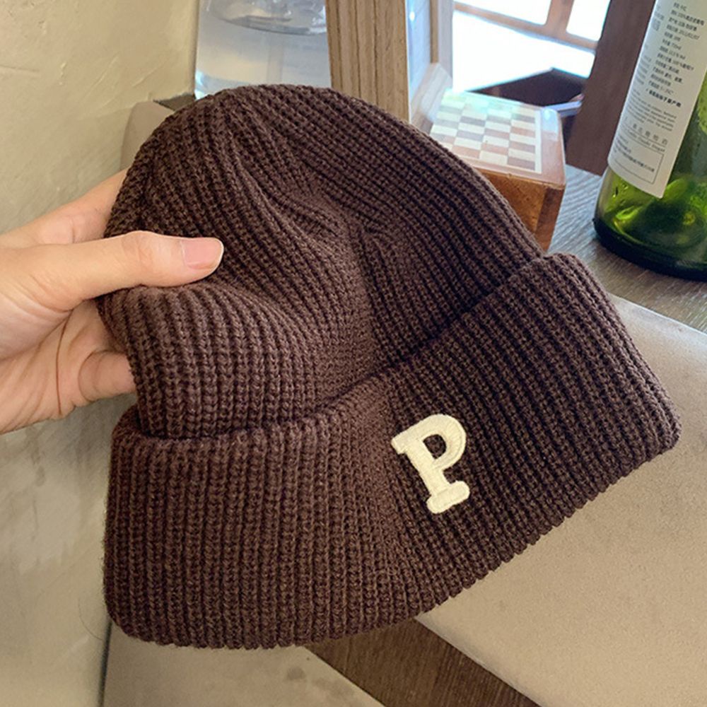 MXMUSTY Mũ beanie dệt kim màu trơn thêu chữ P phong cách đường phố Hàn Quốc ấm áp thiết kế tối giản thời trang cho nữ