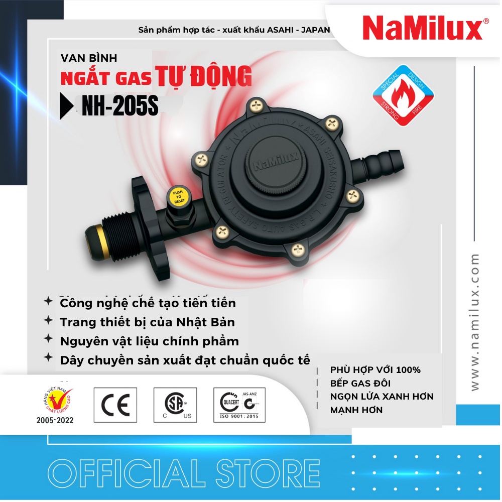 Bộ Van Gas NaMilux NH-205S│Sản Phẩm Gồm Có 1 Van Ngắt Gas Tự Động + 1 Dây Dẫn Gas 1.5m + 2 Cổ Dê│Hàng Chính Hãng
