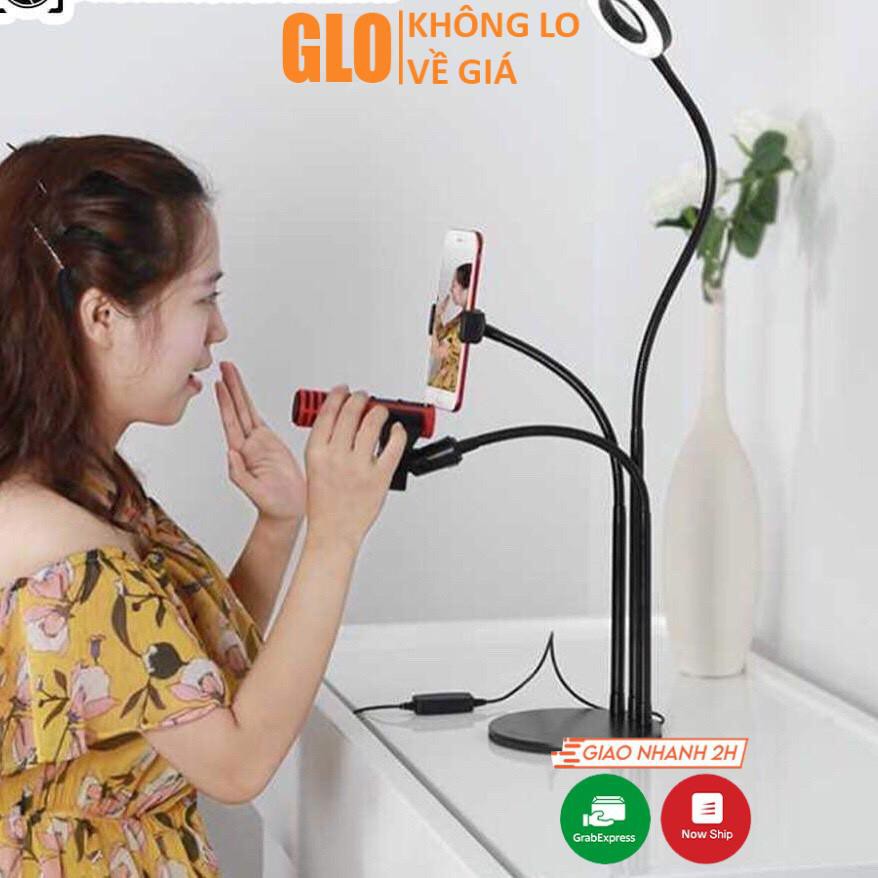 Giá Đỡ Livestream 4 In 1 Gồm Đèn Led + 2 Kẹp Điện Thoại + 1 Micro