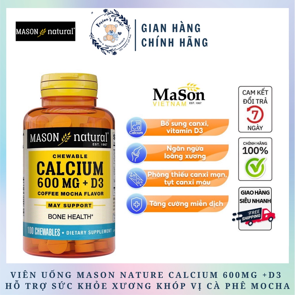 [MASON] Calcium 600mg + D3 Lọ 100 Viên Mason - Hấp Thu Canxi