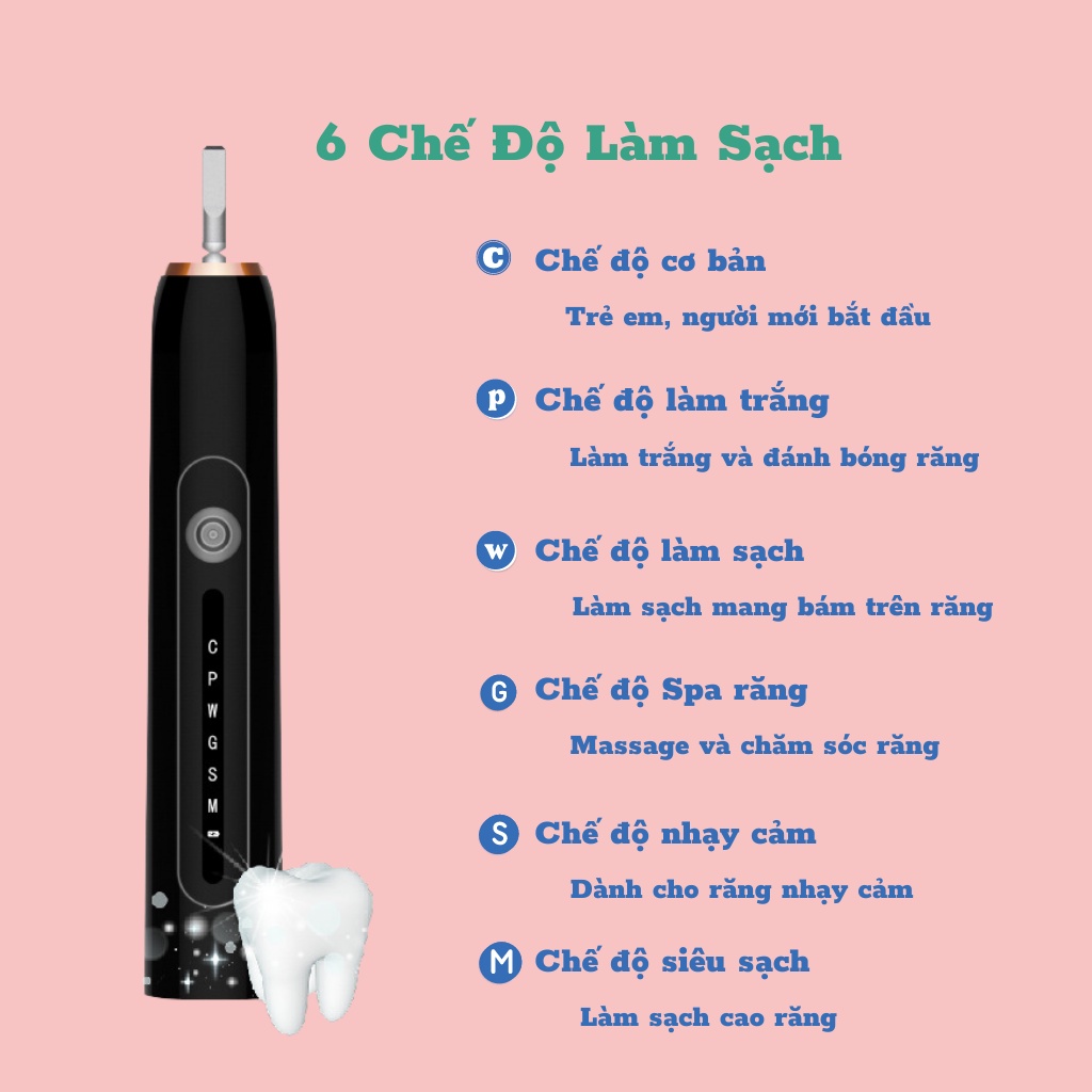 Bàn Chải Điện Đánh Răng Sonic X7 Pro Bàn chải điện Chống thấm nước, 6 chế độ rung sóng âm cao cấp