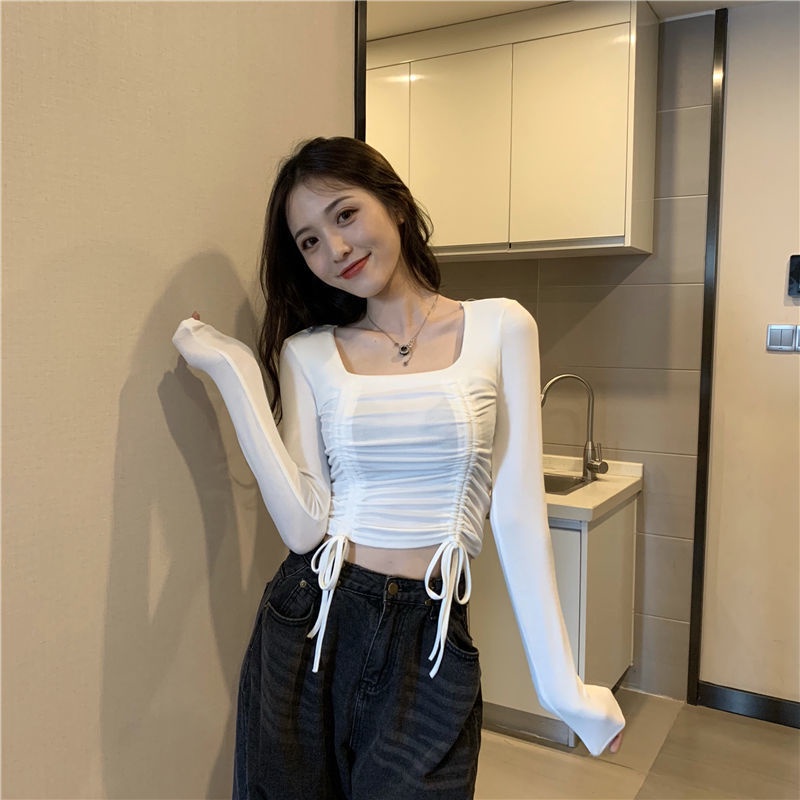 Áo thun COZOK dài tay cổ vuông thiết kế dây rút xếp ly xinh xắn