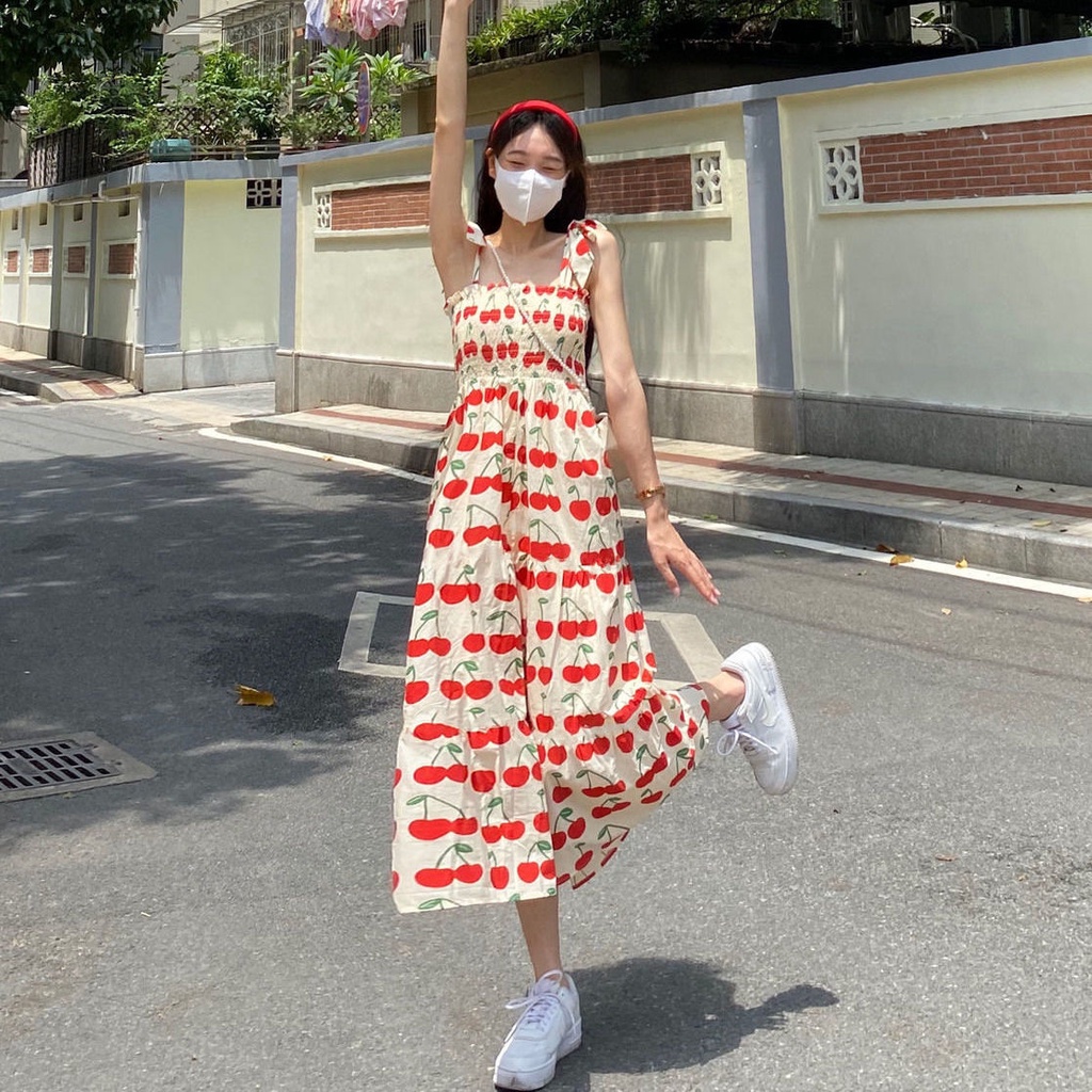 Đầm Hai Dây Họa Tiết Quả Anh Đào Thiết Kế Mới Thời Trang Mùa Hè Pháp Cho Nữ