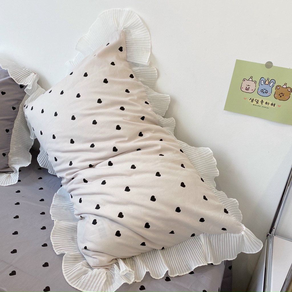 Bộ chăn ga gối Cotton 100% viền bèo - Tim Đen