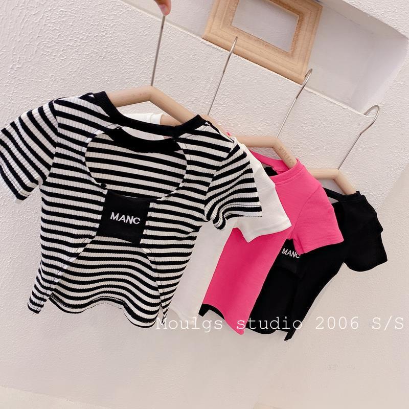 Áo Thun Cotton Tay Ngắn Hở Lưng Họa Tiết Kẻ Sọc Phong Cách Hàn Quốc Cho Bé Gái