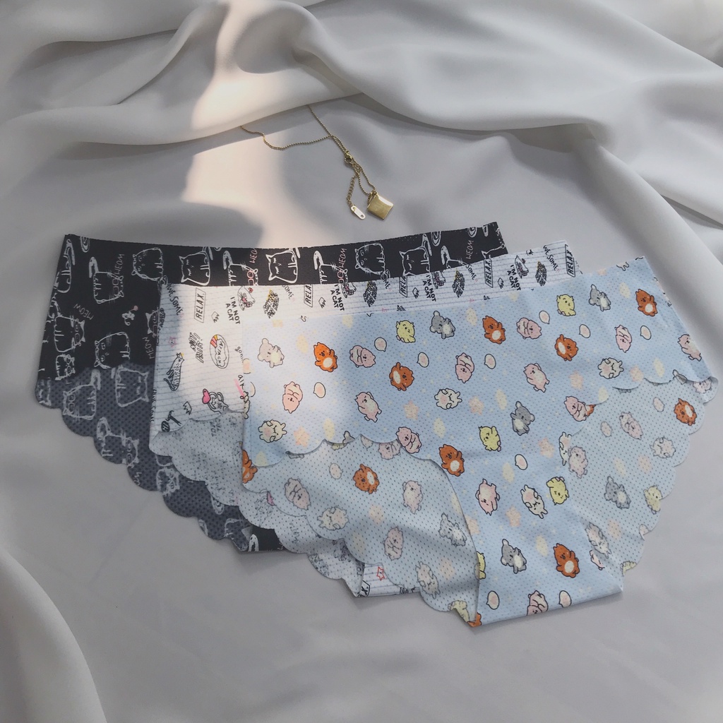 Quần lót nữ thun hoạ tiết Cartoon viền cắt gợn sóng không đường may