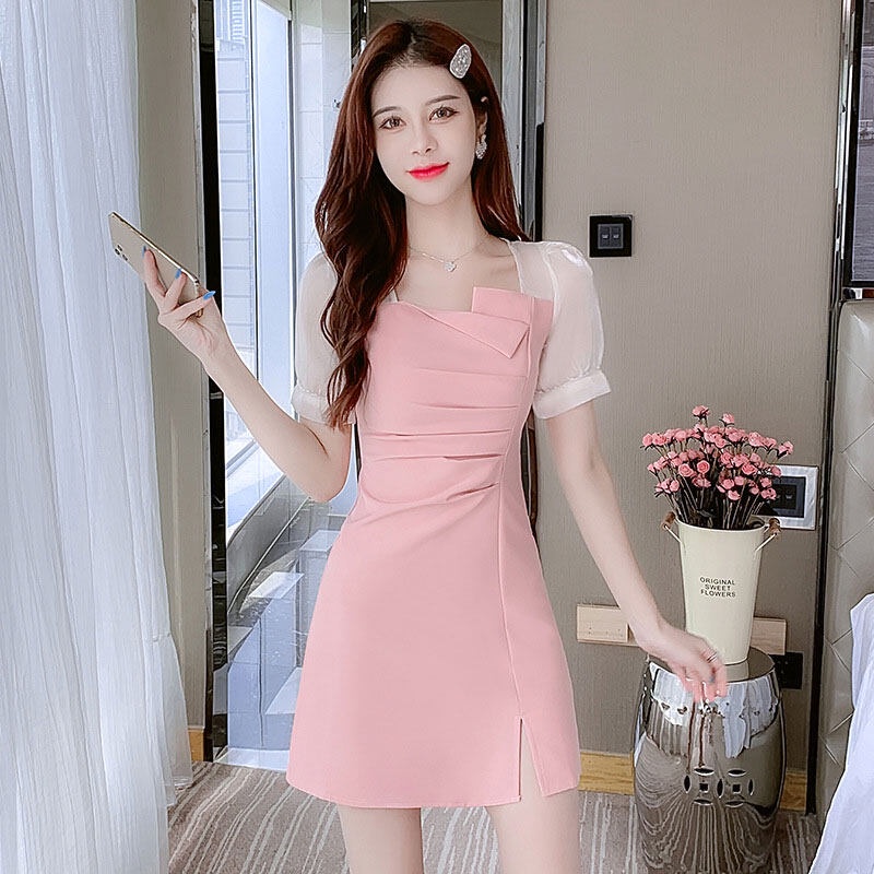 Đầm YEYA cổ vuông chiết eo xẻ tà phong cách Pháp thời trang cho nữ
