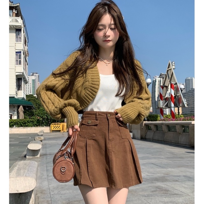 Ihkke Chân váy ngắn chữ A lưng cao thời trang đường phố phong cách Hàn Quốc