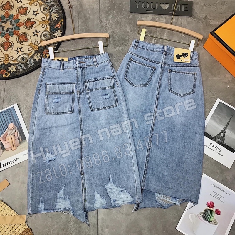 ✕⊙Chân váy bò dáng dài túi hộp xẻ lệch