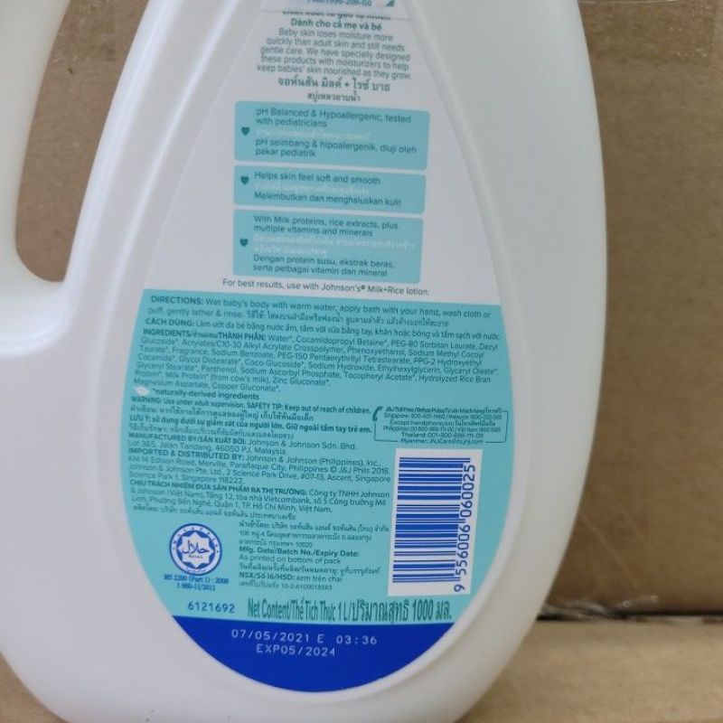 Sữa tắm Johnson's Baby Sữa và Gạo can 1000ml