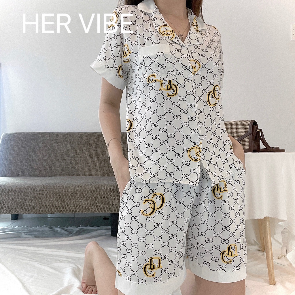 Đồ bộ nữ pijama lụa mát mịn bộ ngủ mặc nhà tiểu thư tay ngắn quần ngắn satin dễ thương Her Vibe
